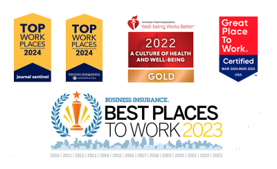 Award logos for Top Work Places, American Heart Association Gold, Great Place to Work Certified, and Business Insurance Best Places to Work.